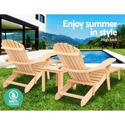 Gardeon 3PC Adirondack Outdoor Table and Chairs? Wooden Sun Lounge Beach Patio Natural