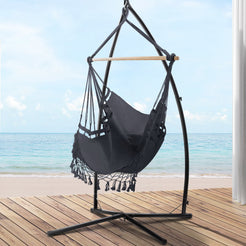 Gardeon Hammock Chair with Steel Stand Hanging Outdoor Tassel Grey