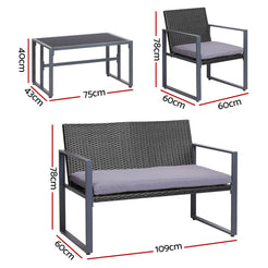 Gardeon 4 PCS Outdoor Sofa Set Rattan Furniture Glass Top Table Chairs Black