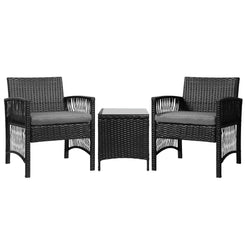 Gardeon 3PC Outdoor Bistro Set Patio Furniture Wicker Dining Chairs Table Cushion Black