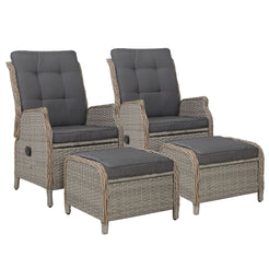 Gardeon 2PC Recliner Chair Sun lounge Wicker Lounger Outdoor Furniture Adjustable Grey