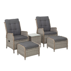 Gardeon 5PC Recliner Chairs Table Sun lounge Wicker Outdoor Furniture Adjustable Grey