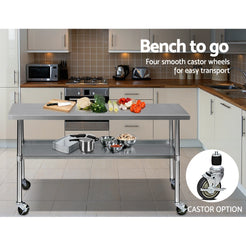 Cefito 1829x610mm Stainless Steel Kitchen Bench with Wheels 304