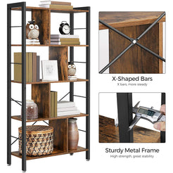 4-Tier Industrial Bookshelf Stable Iron Frame, Rustic Brown