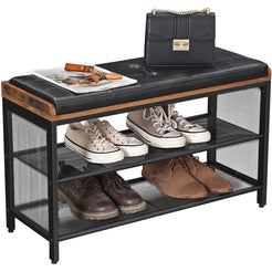 Shoe Bench with Mesh Shelf and Faux Leather Vintage Brown Black 80 x 30 x 48 cm