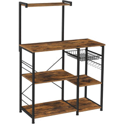 Kithcen Baker's Rack with Shelves Microwave Stand with Wire Basket and 6 S-Hooks Rustic Brown