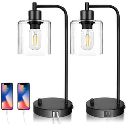 2x Pack Industrial Table Lamp with 2 USB Port for Bedside Nightstand Desk and Living Room Office (Bulb not Included)