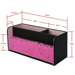 Leather Makeup Brush Cosmetic Organiser Storage Box with Pink Pearls, Acrylic Cover and 3 Compartments(Black)