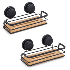 2 Pack Rectangular Bamboo Corner Shower Caddy Shelf Basket Rack with Premium Vacuum Suction Cup No-Drilling for Bathroom and Kitchen