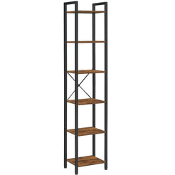 Small 6-Tier Industrial Bookshelf, Rustic Brown, Black