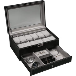 12 Slot Lockable Watch and Jewelry Storage Box (Black PU Leather)