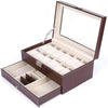 12-Slot Lockable Watch and Jewelry Storage Box (Brown) - Real Glass Top, Soft Velvet Liner, Multi-functional Design