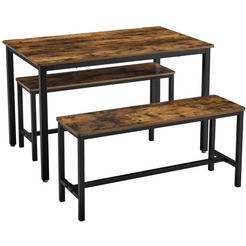 VASAGLE Dining Table Set with 2 Benches Rustic Brown and Black KDT070B01