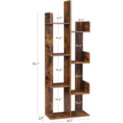 VASAGLE Tree-Shaped Bookcase with 8 Storage Shelves Rounded Corners Rustic Brown