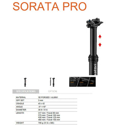 Satori Sorata Pro Dropper Seat Post Internal Cable 31.6 Diameter 125mm Travel MTB Trekking Bike