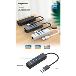 Simplecom CHN420 Aluminium 3 Port SuperSpeed USB HUB with Gigabit Ethernet Adapter Black