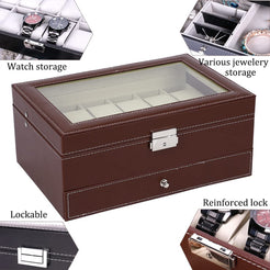 12-Slot Lockable Watch and Jewelry Storage Box (Brown) - Real Glass Top, Soft Velvet Liner, Multi-functional Design