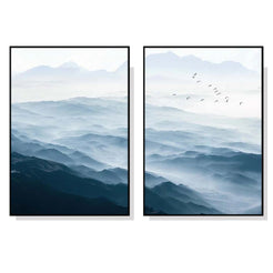 Wall Art 100cmx150cm Blue mountains 2 Sets Black Frame Canvas