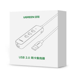 UGREEN 20984 USB 2.0 to 3 x USB2.0 with RJ45 (100Mbps) Ethernet Adapter (Black)