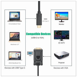 1.8M Type C USB-C Thunderbolt 3 to VGA Cable for MacBook - Converts USB-C to VGA, Supports 1080p Resolution
