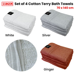 550GSM Set of 4 White Cotton Terry Bath Towels - 70x140cm